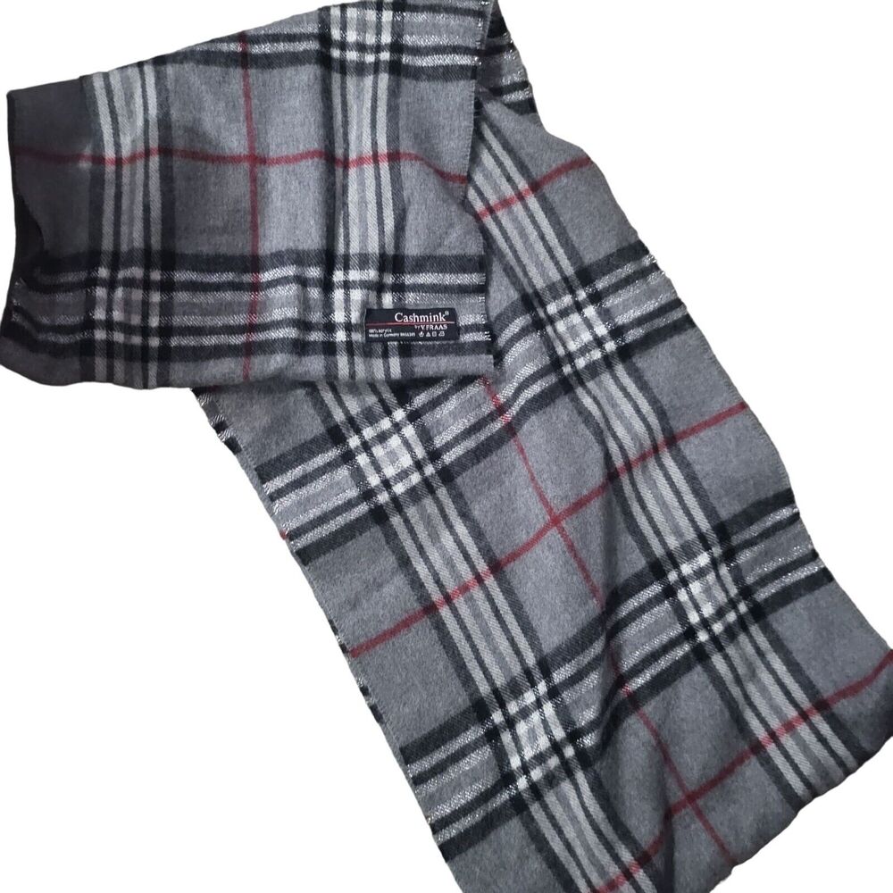 V. FRAAS Cashmink Infinity Scarf‎ Grey Red Black Acrylic Fall Spring Plaid Soft